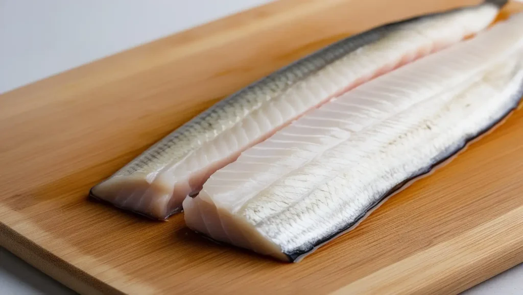 Fresh, boneless fish fillet cut, displayed on a wooden board, perfect for various cooking methods.