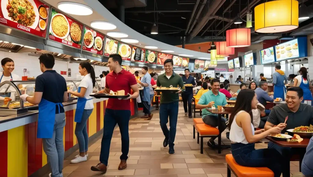 A vibrant food court with multiple vendors, where guests order meals and dine in a shared seating area.