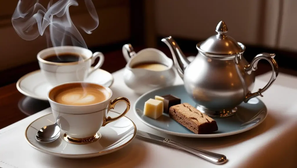 A classic French café au lait served in a porcelain cup with a side of biscotti.