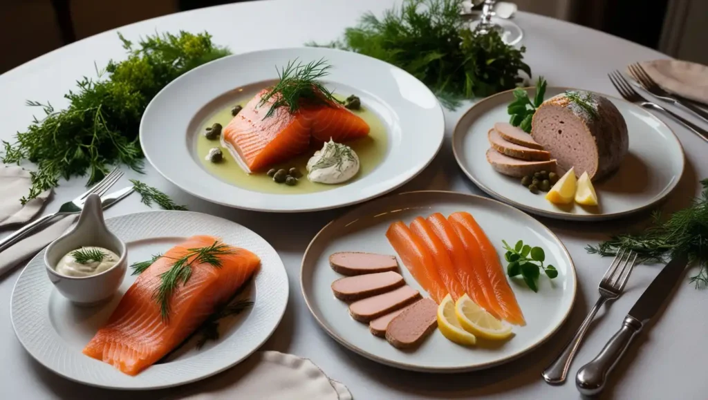 A cold buffet spread featuring poached salmon, smoked meats, and elegant aspic dishes.