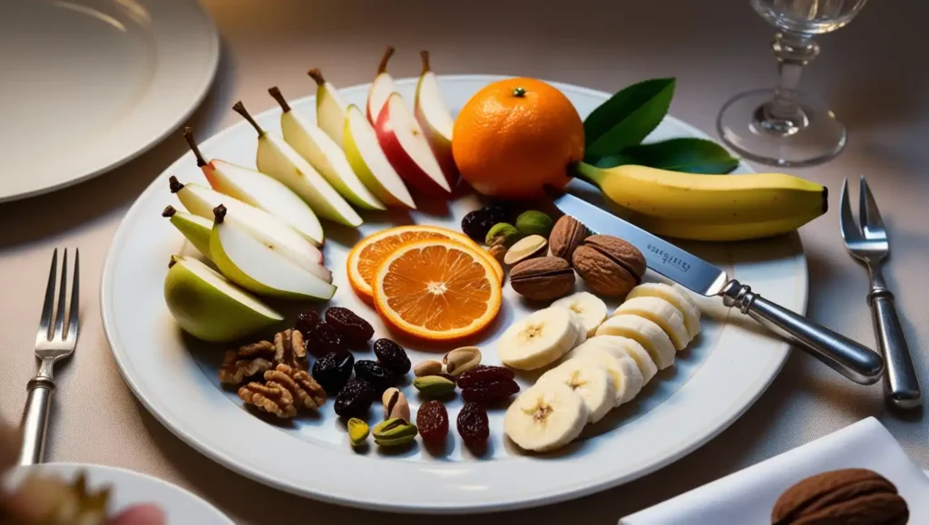 A fresh fruit platter with apples, grapes, oranges, and a selection of nuts.