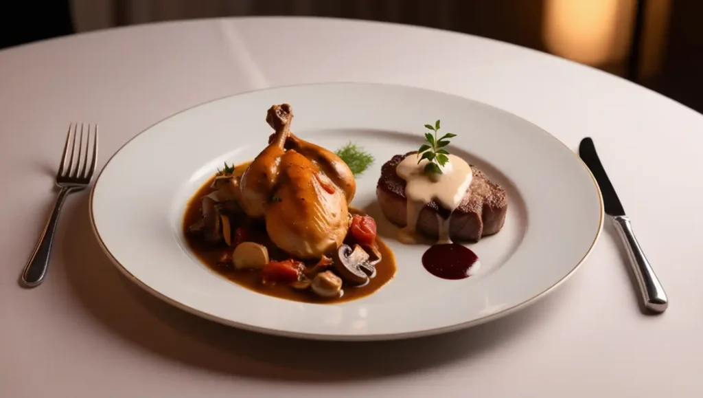 A French entrée dish featuring tender chicken suprême with a rich sauce, elegantly plated in a fine-dining setting.