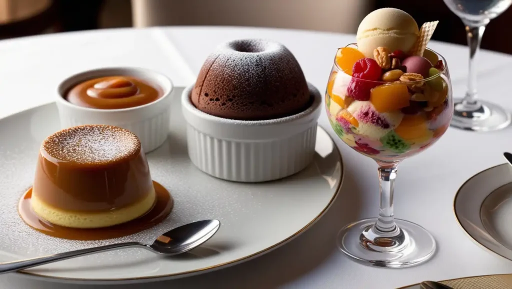 A beautifully presented chocolate soufflé with powdered sugar and a side of fresh berries.