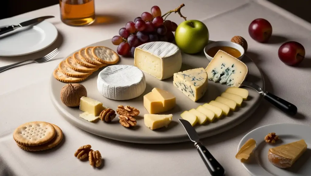 A gourmet French cheese platter featuring Brie, Roquefort, Comté, and fresh fruits.