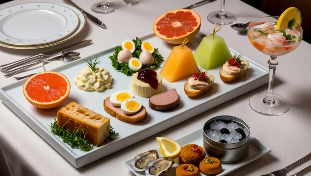 A beautifully plated French hors d’oeuvre featuring a selection of canapés, caviar, and shrimp cocktail, elegantly arranged on a fine dining plate.