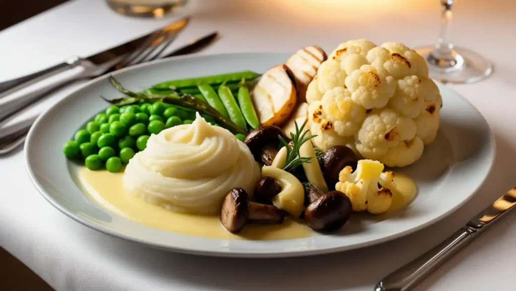 A variety of French vegetable dishes, including buttery green peas, mashed potatoes, and cauliflower with cheese sauce.