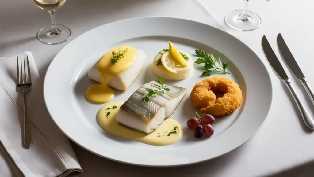 A beautifully plated French fish dish, featuring grilled salmon with lemon butter sauce and fresh herbs.