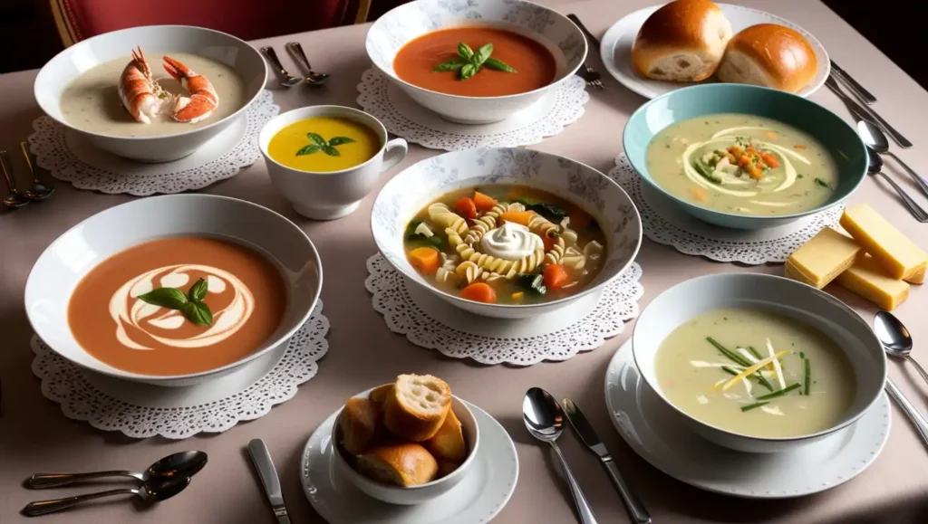 A warm, creamy French soup served in a fine porcelain bowl, garnished with fresh herbs, accompanied by a silver soup spoon.