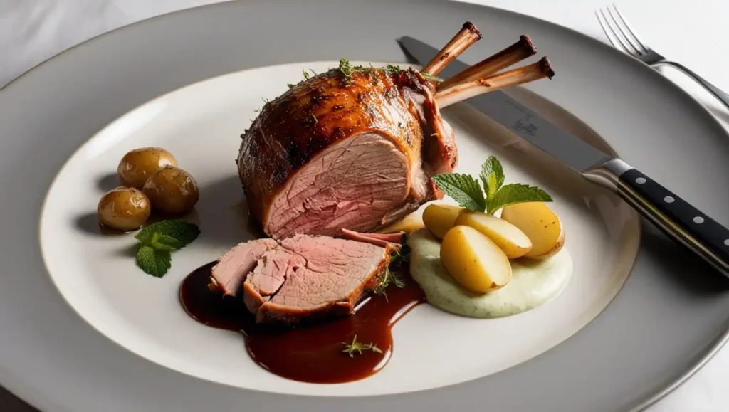 A grand French main course featuring a perfectly roasted leg of lamb with herbs and a side of vegetables.