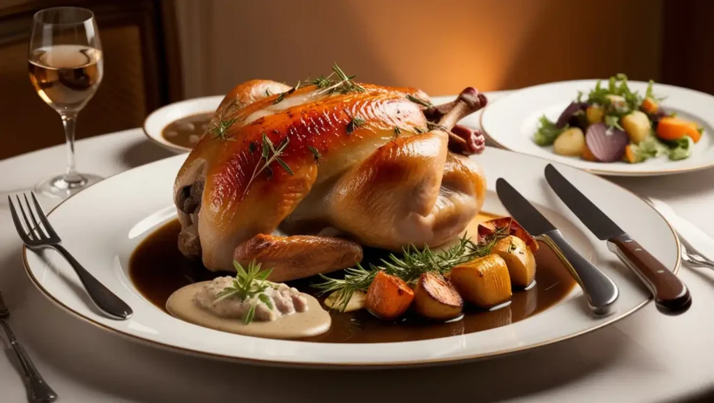 A golden-brown roasted duck, garnished with orange slices and served with a rich sauce.