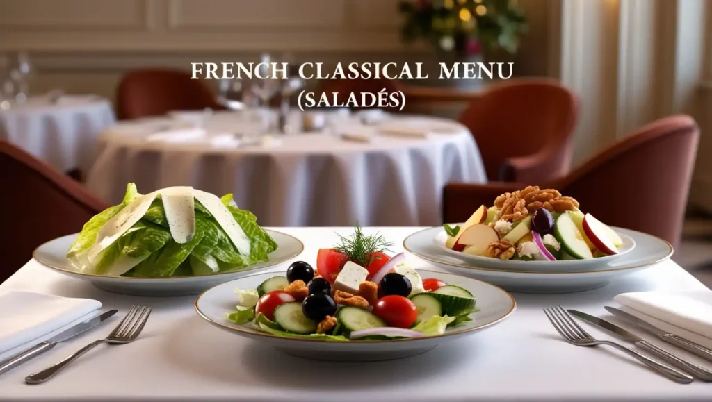 A fresh French salad featuring crisp greens, cherry tomatoes, and a light vinaigrette dressing.