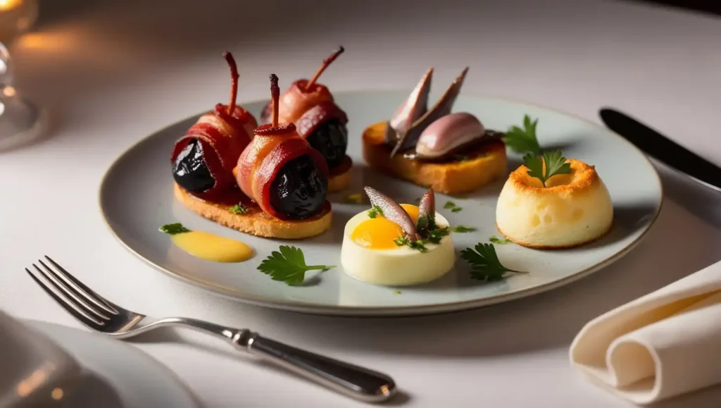 A plate of Devils on Horseback, featuring bacon-wrapped prunes and a side of cheese soufflé.