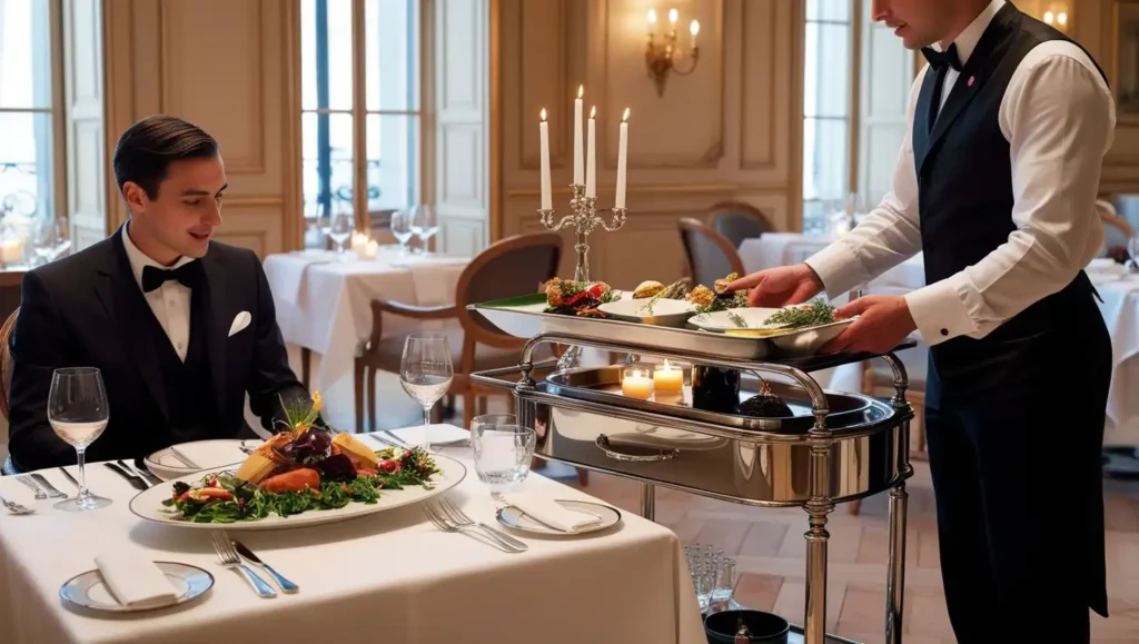 A waiter elegantly serving food from a platter to a guest in a fine dining restaurant, with a Gueridon trolley beside the table for tableside preparation.