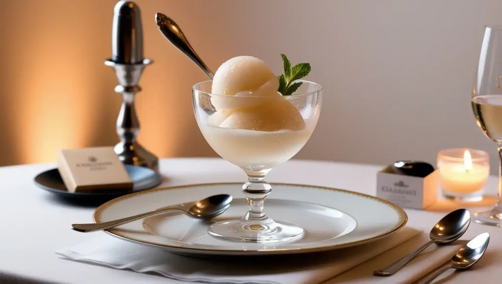 A refreshing champagne sorbet served in a delicate crystal glass, garnished with fresh mint.