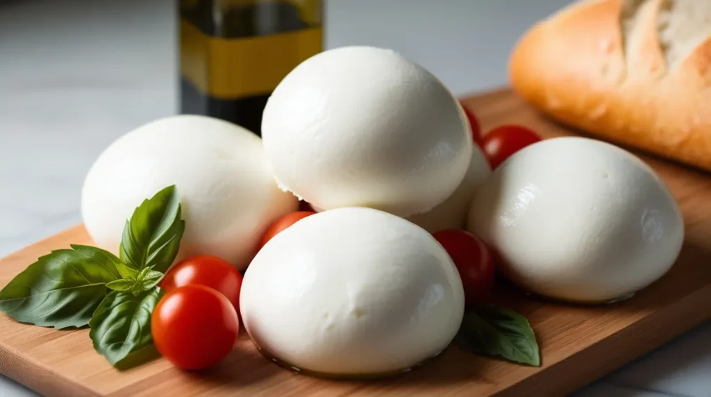Fresh mozzarella cheese balls on a wooden cutting board, garnished with basil leaves and cherry tomatoes.