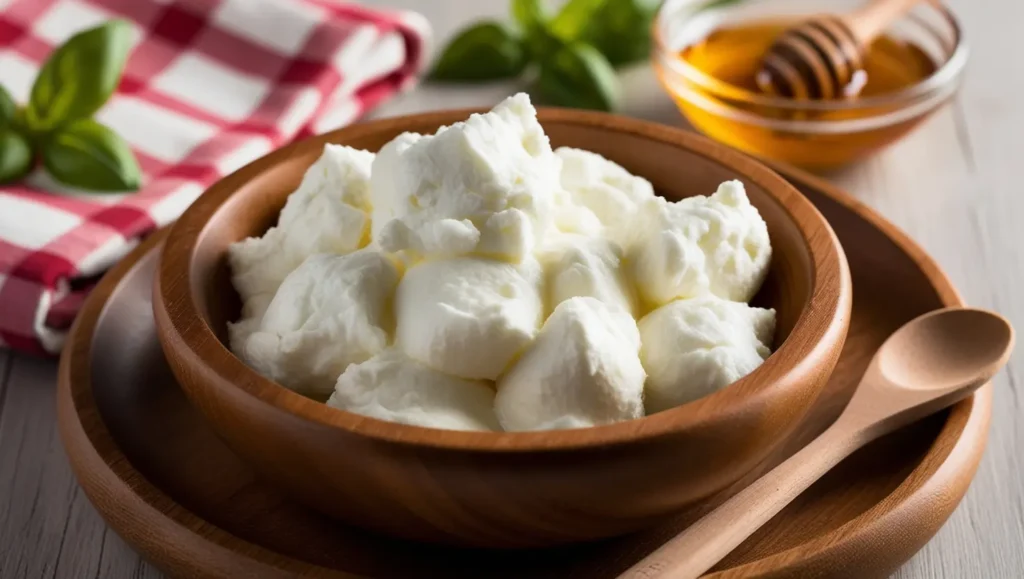Fresh ricotta cheese in a wooden bowl with a creamy, fluffy texture, garnished with basil and a drizzle of honey.