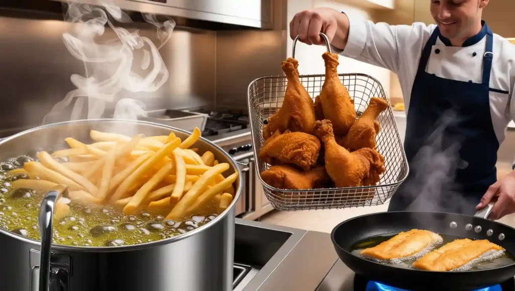 A deep fryer bubbling with hot oil, frying golden French fries, while a chef lifts crispy fried chicken in a professional kitchen.