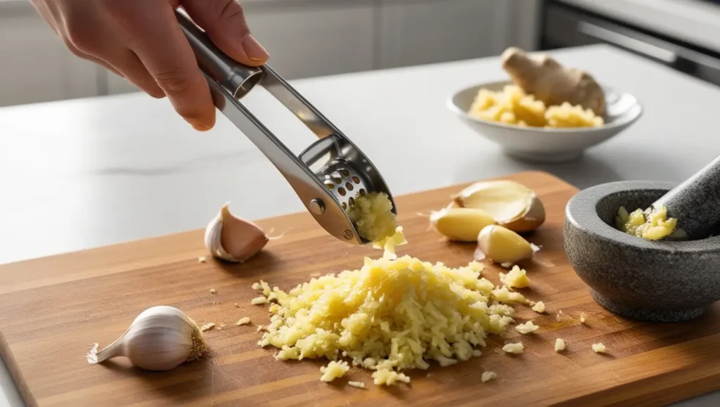 Garlic cloves being crushed with a metal garlic press on a wooden cutting board, with mashed garlic and uncrushed cloves nearby.