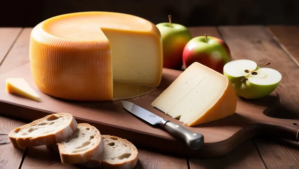 A wheel of Gloucester cheese with a golden-orange rind, accompanied by crusty bread and apples on a rustic wooden board.