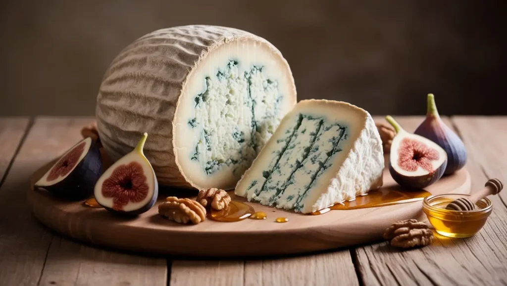 A wheel of Gorgonzola cheese with a wedge cut out, revealing its creamy, crumbly texture with blue-green veins.