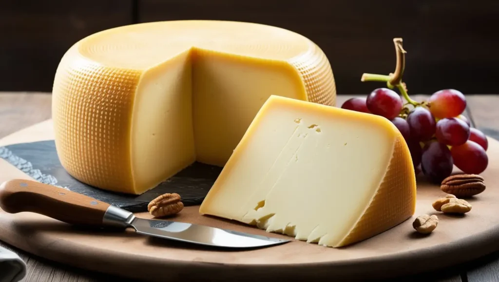 A wheel of Gouda cheese with a golden-yellow rind, served with fresh grapes and nuts on a wooden board.