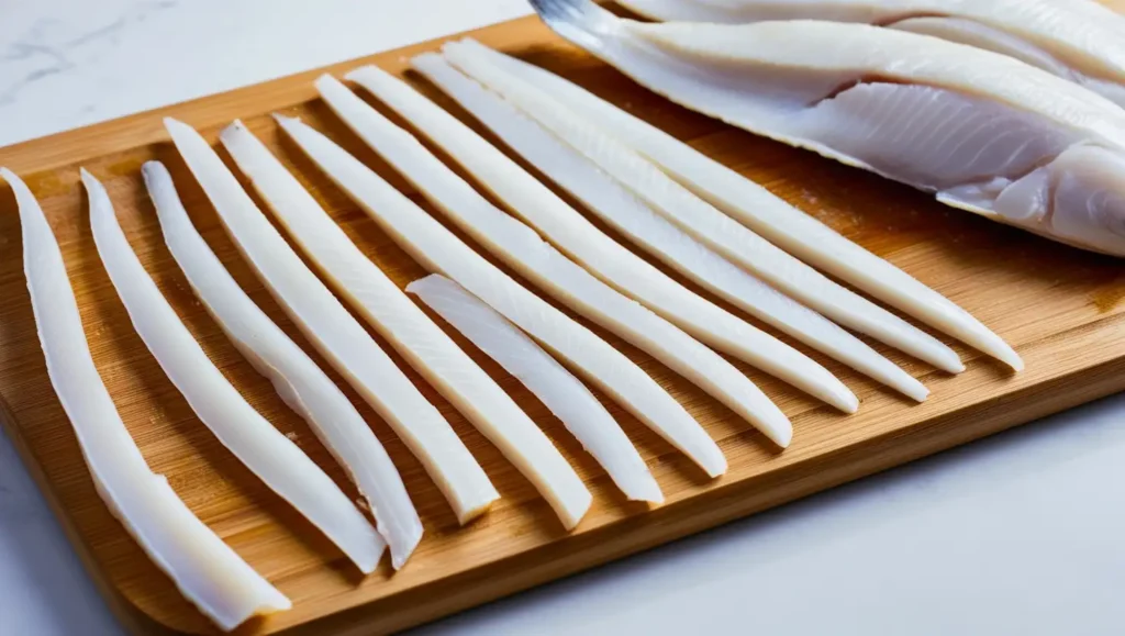 Small, thin fish goujonettes neatly arranged, ideal for frying or garnishing.