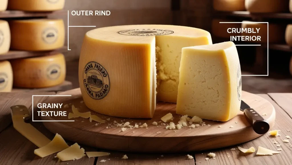 A wheel of Grana Padano cheese with labeled sections showing its outer rind, crumbly interior, and grainy texture.