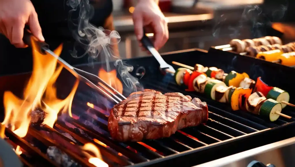 Steak and vegetable skewers grilling over an open flame, with smoke rising and perfect char marks developing, showcasing the high-heat cooking technique of grilling.