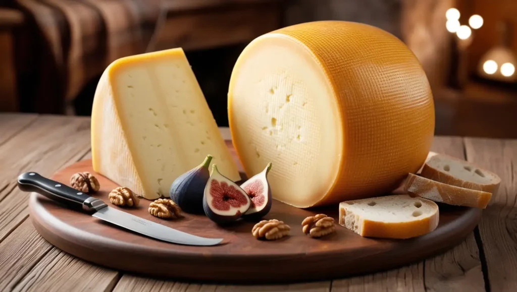 A wheel of Gruyère cheese with a golden-yellow rind and small holes, served with bread, figs, and walnuts on a wooden board.