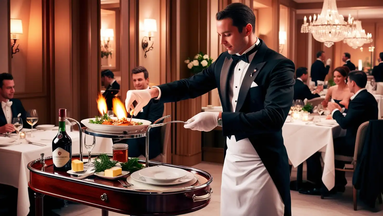 A skilled waiter in a black tuxedo and white apron performs Gueridon Service in a fine dining restaurant, flambéing a dish tableside using a small portable burner. The scene includes a polished wooden Gueridon trolley set with fine china, silverware, fresh ingredients, and a bottle of cognac. Warm ambient lighting and elegantly dressed guests in the background create a luxurious and theatrical dining atmosphere.