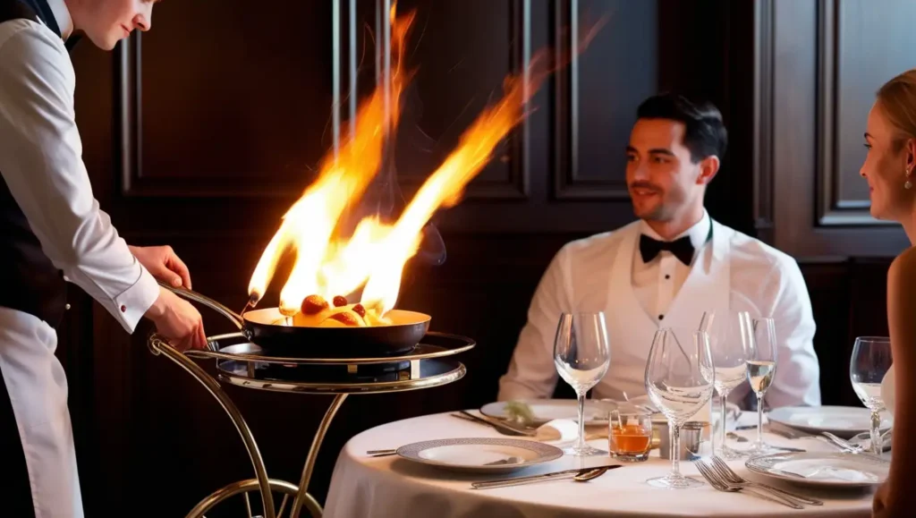 A professional waiter preparing a flambé dish on a Gueridon trolley beside a guest’s table in a fine dining restaurant.