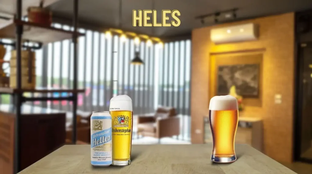 Helles Lager beer in a glass and can– a smooth, malty German-style lager.