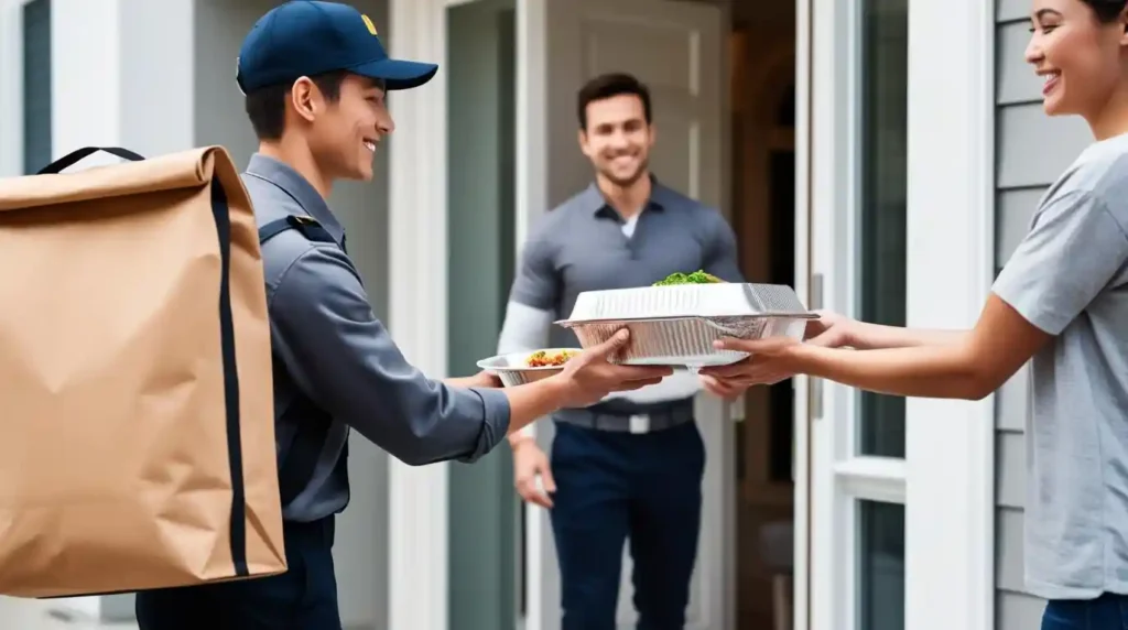 A delivery person hands over a packaged meal to a customer at their home doorstep, highlighting the convenience of home food delivery.