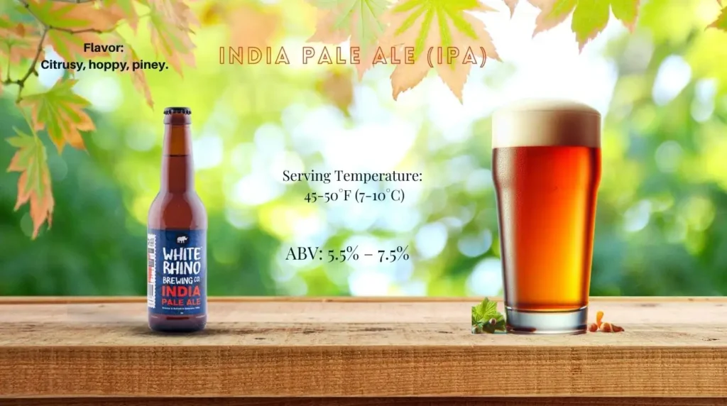 India Pale Ale (IPA) in a glass and bottle – a hoppy and bitter beer with citrus and pine notes."