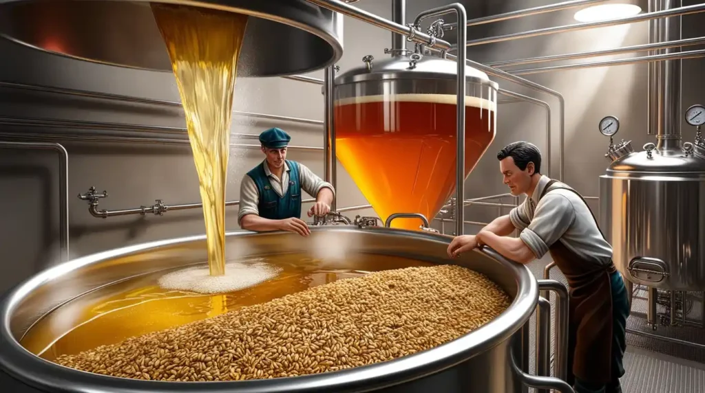 "A lauter tun filtering wort through a grain bed, with sparge water rinsing the grains to extract maximum sugars for brewing.