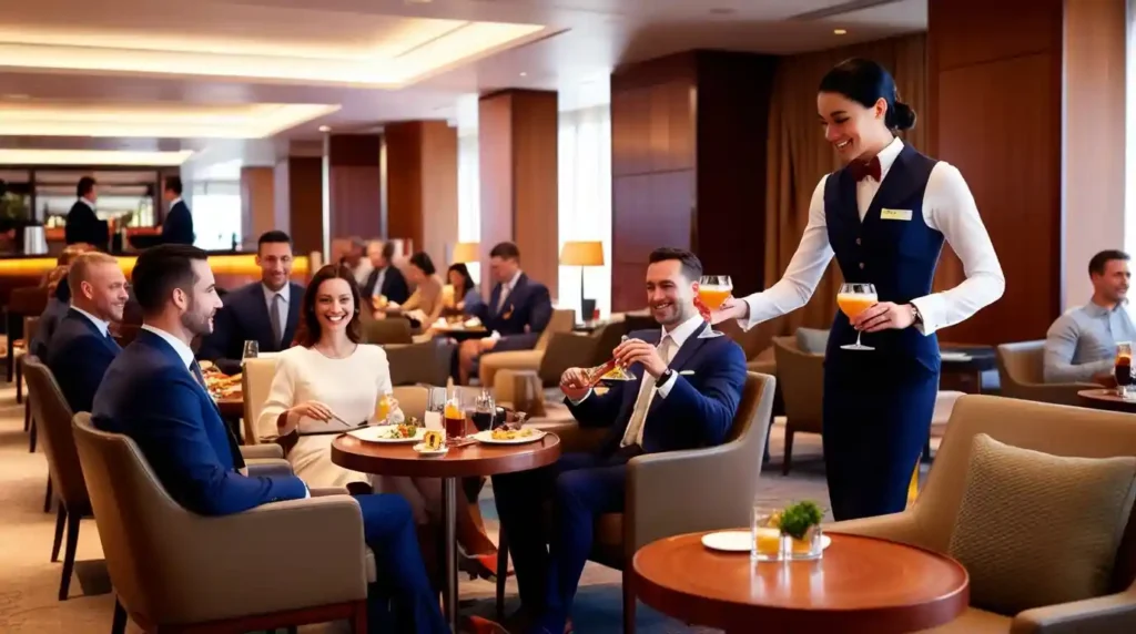 A stylish airport lounge with guests enjoying food and beverages as a server delivers drinks to their table.