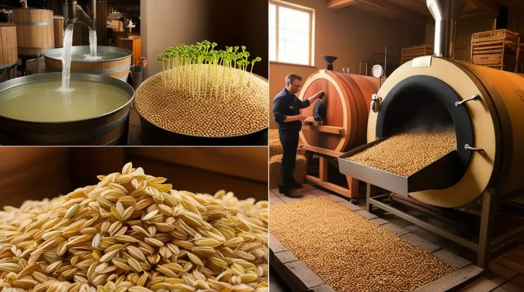 Barley grains spread on a malting floor, undergoing germination, with a brewer inspecting them. A kiln in the background dries the malt, essential for beer brewing.