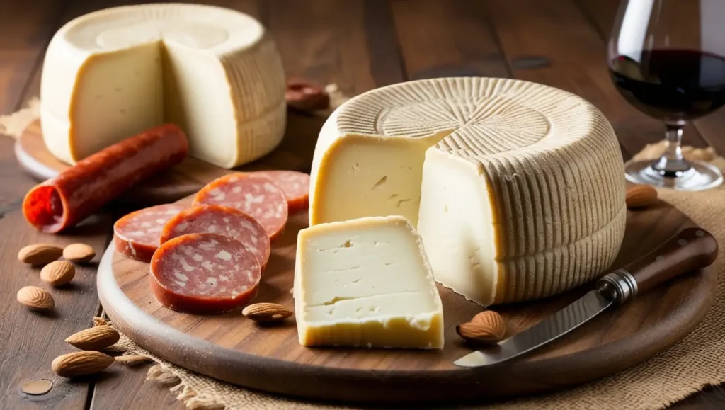 A wheel of Manchego cheese with a herringbone-patterned rind, served with chorizo, almonds, and red wine on a rustic wooden board.