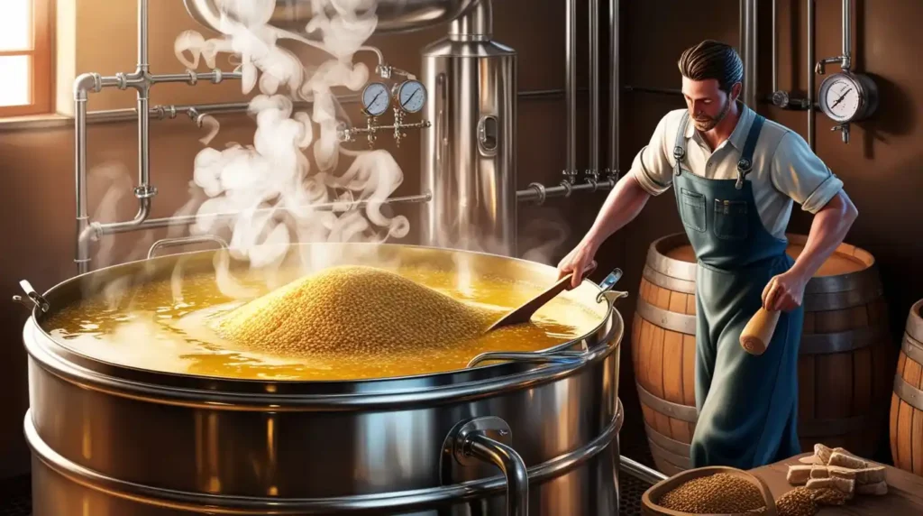 A stainless steel mash tun filled with hot water and milled grains, with a brewer stirring the mash to extract fermentable sugars.