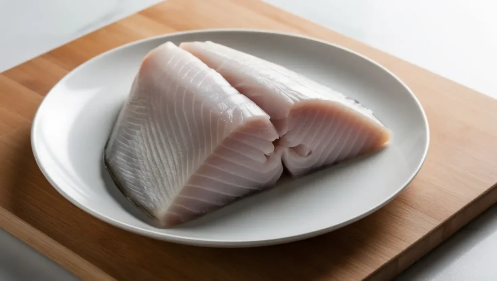 Thick, triangular mignon cut of fish, elegantly folded into a cornet shape for fine dining