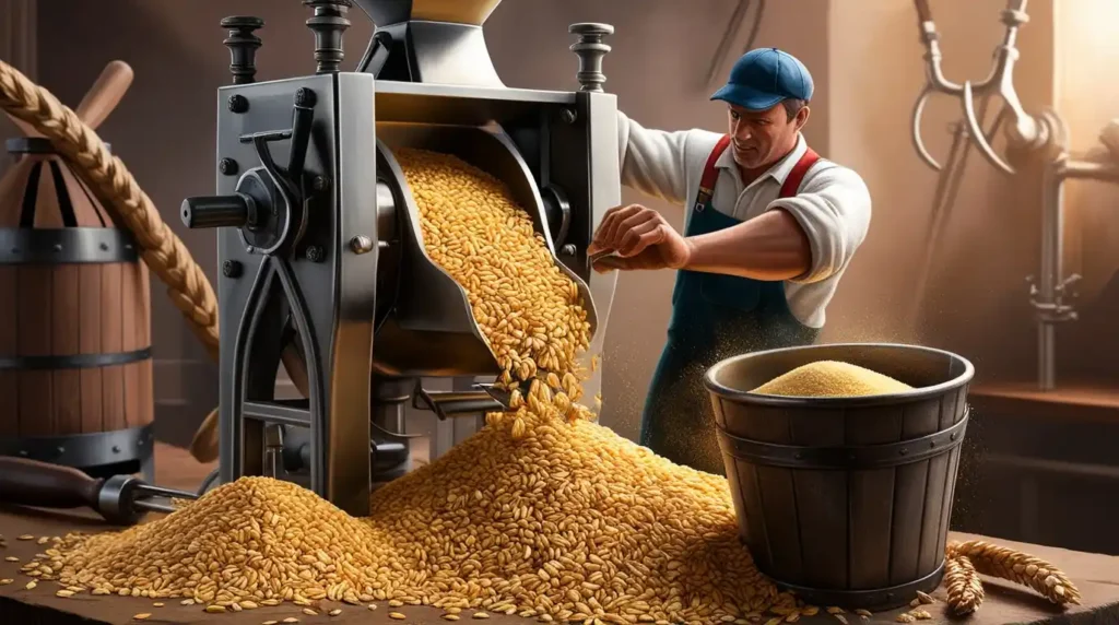 A malt mill crushing barley grains into grist, with a brewer adjusting the mill settings to optimize sugar extraction for brewing.