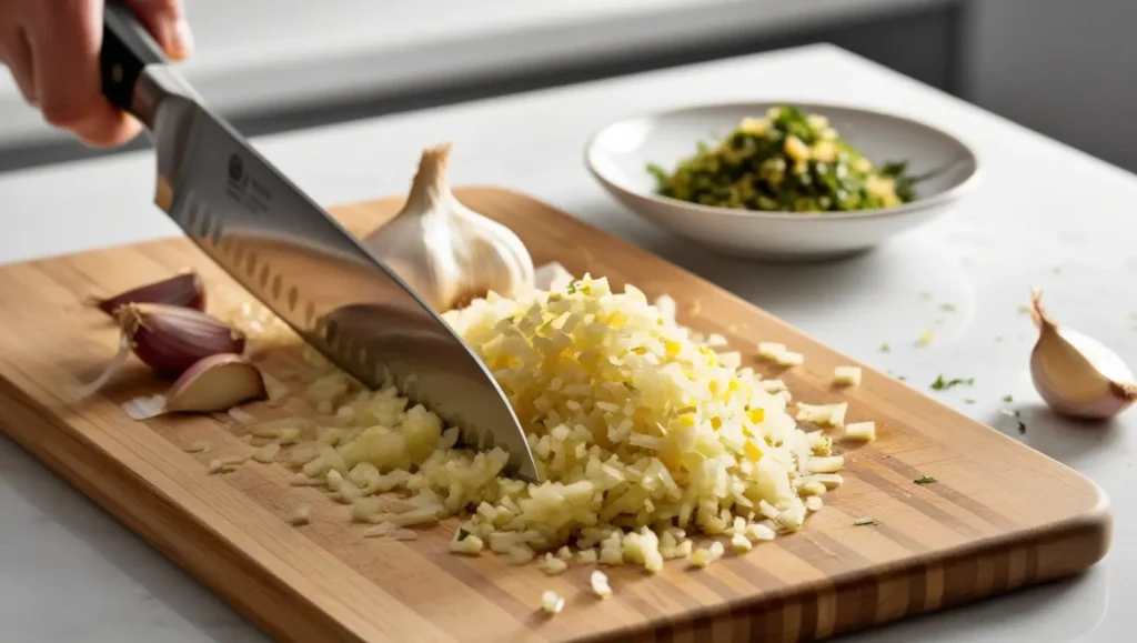 Garlic cloves finely minced into tiny, uniform pieces on a wooden cutting board. A sharp chef’s knife with garlic residue on the blade lies nearby, while a few whole garlic cloves rest in the background.