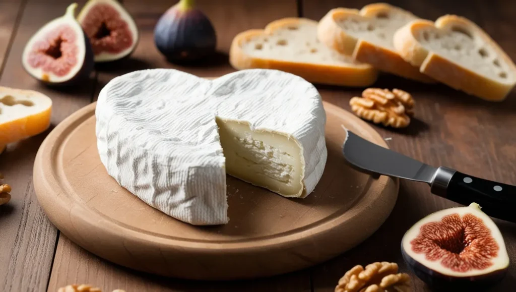 Heart-shaped Neufchâtel cheese with a bloomy white rind, served with baguette slices, figs, and walnuts.