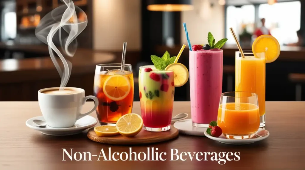 A variety of non-alcoholic beverages including coffee, iced tea, smoothies, mocktails, and fruit juices, displayed on a wooden table with fresh ingredients.