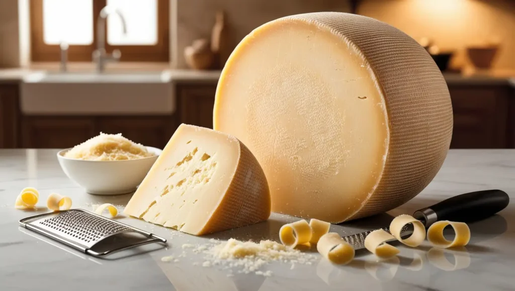 A wheel of Parmesan cheese with a wedge cut out, surrounded by shaved Parmesan, a cheese grater, and a bowl of pasta.