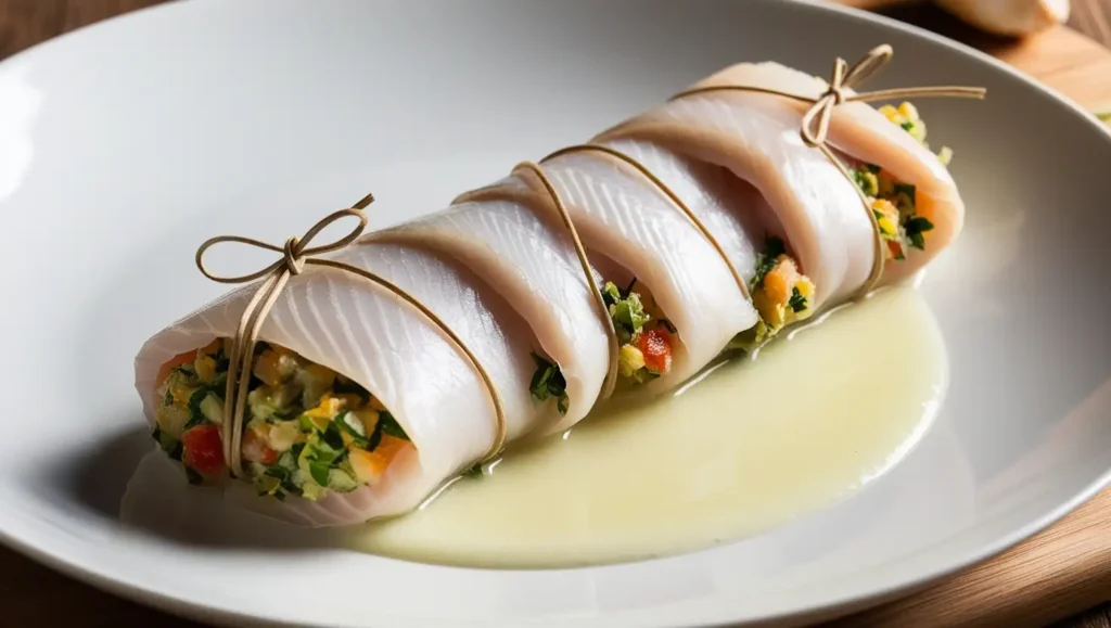 Rolled paupiette fish fillet, tied with string, ready for stuffing and gourmet preparation.