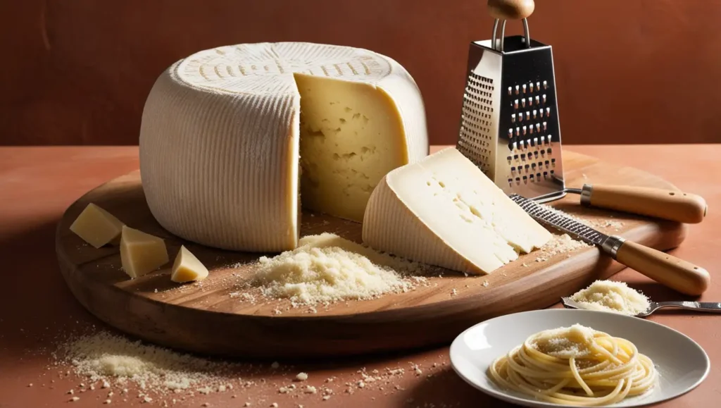 A wheel of Pecorino Romano with a cut wedge, grated cheese, and a plate of Cacio e Pepe on a rustic wooden board.