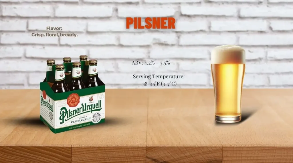 Golden Pilsner beer served in a glass with a matching bottle – a refreshing and slightly hoppy lager."