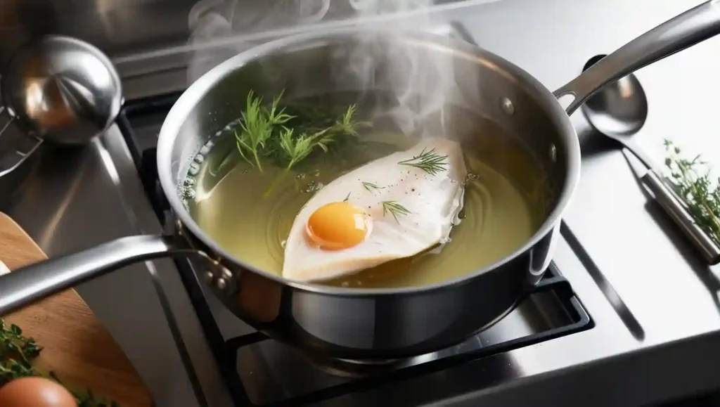 A saucepan with water at a gentle temperature, poaching an egg with floating herbs, steam rising in a professional kitchen setting.