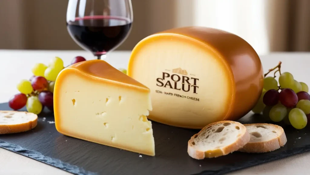 A wheel of Port Salut cheese with an orange rind and creamy yellow interior, served with grapes, bread, and red wine on a slate board.